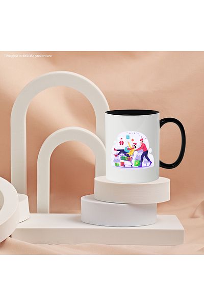 StoryGift Romania Cana Cu Carucior, Costum, Brad, Craciun, Multicolor 330 ml, Ceramica cu Maner Ne, Cu Maner Negru