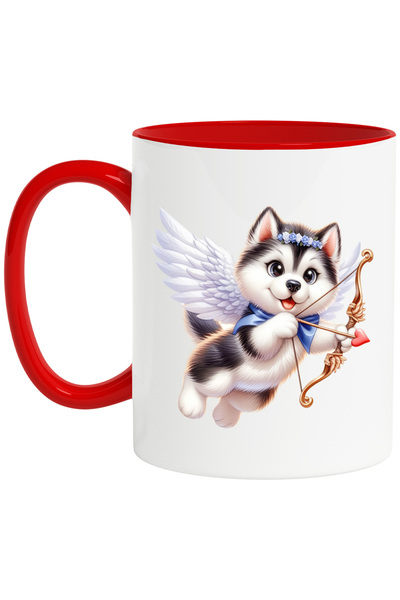 StoryGift Romania Cana cu un catel Malamut de Alaska | ilustratie | Cupidon | trage cu arcul | ari, Cu Maner Rosu