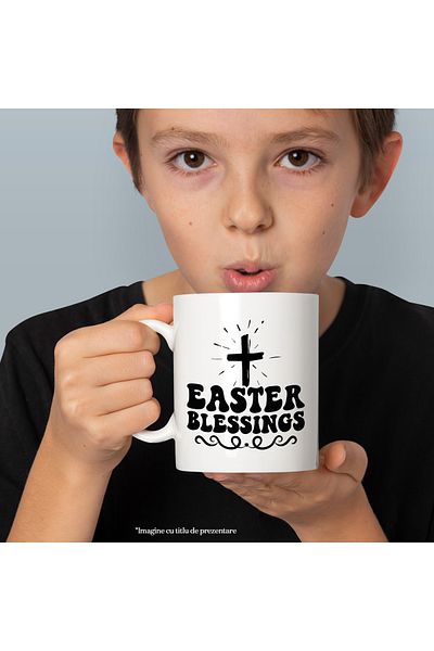 StoryGift Romania Cana cu o cruce si textul in engleza "Easter blessings" - binecuvantari de Paste, Cu Maner Alb