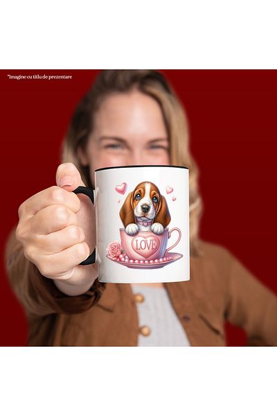 StoryGift Romania Mug with a puppy with long ears | illustration | sitting in a cup | happiness | t, With Black Handle