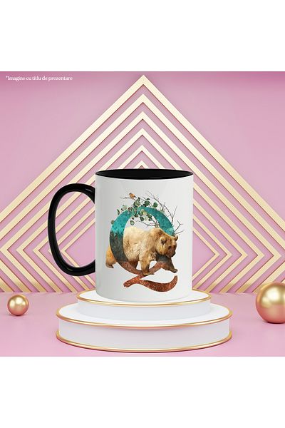 StoryGift Romania Mug With Letter, Q, Bear, Sparrow, Multicolor 330 ml, Ceramic with Black Handle, With Black Handle