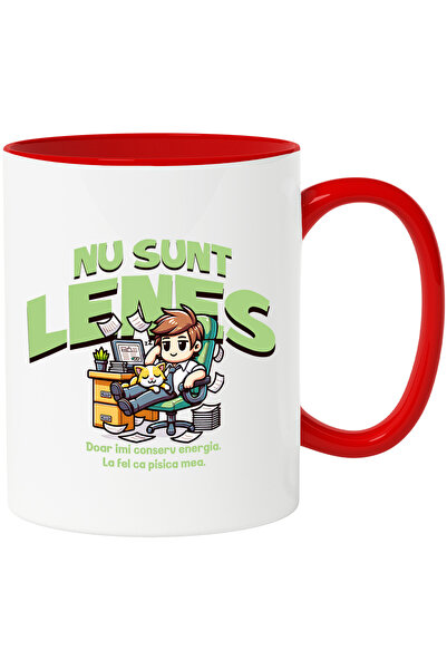 StoryGift Romania Cana Barbat la birou cu pisica, nu sunt lenes, 330ml, Ceram...