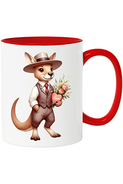 StoryGift Romania Cana cu un cangur care tine un buchet cu flori si o cutie c...