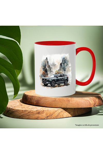 StoryGift Romania Mug With Car, Volvo XC60, Forest, Mountains, Fir Trees, Multicolor 330 ml, Ceramic with, With, STG.