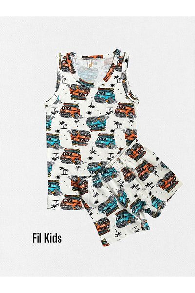 elmas kids Boy's 100% Cotton Minibus Palm Patterned White Undershirt Boxer Set with Stitched Net Part
