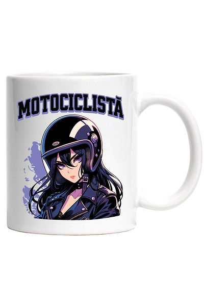 StoryGift Romania Cana Fata stil anime cu casca iubitoare de viteza text Motociclista, 330ml, Cera, Cu Maner Alb