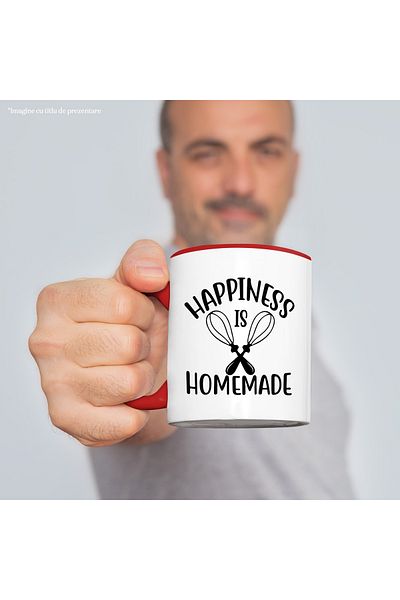 StoryGift Romania Mug with the message "Happiness is homemade" - happiness is "made" at home cooked with Ma, Cu, STG.