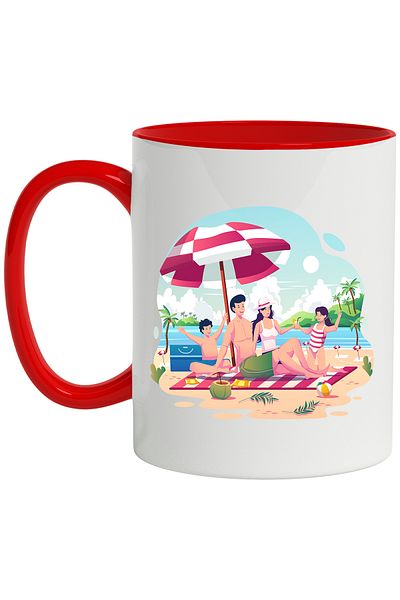 StoryGift Romania Mug With Vacation, Family, Beach, Large, Umbrella, Towel, Multicolor 330 ml, Ceram, With Red Handle