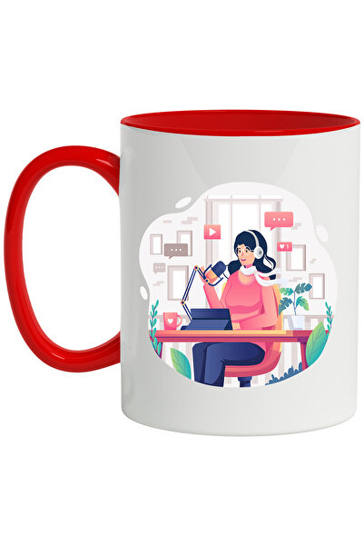 StoryGift Romania Cana Cu Microfon, Podcast, Mesaje, Casti, Esarfa, Multicolor 330 ml, Ceramica cu, Cu Maner Rosu