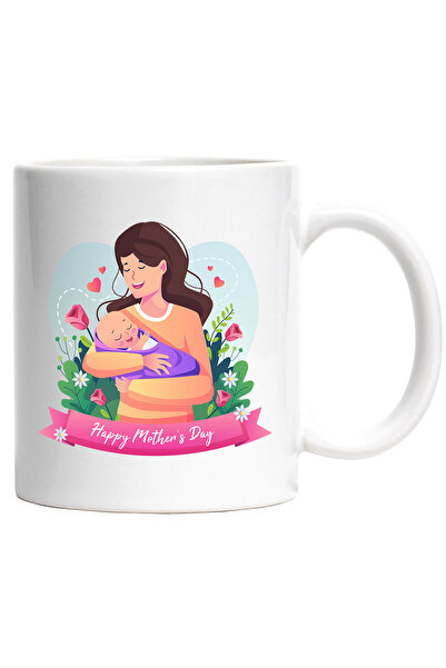 StoryGift Romania Cana Cu Mesaj In Engleza Happy Mother's Day, Ziua Mamei, Bebelus, Copil, Flori, , Cu Maner Alb