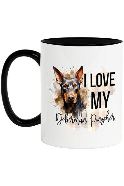 StoryGift Romania Cana cu mesajul "I love my Doberman Pinscher", caine, animal de companie, ilustr, Cu Maner Negru