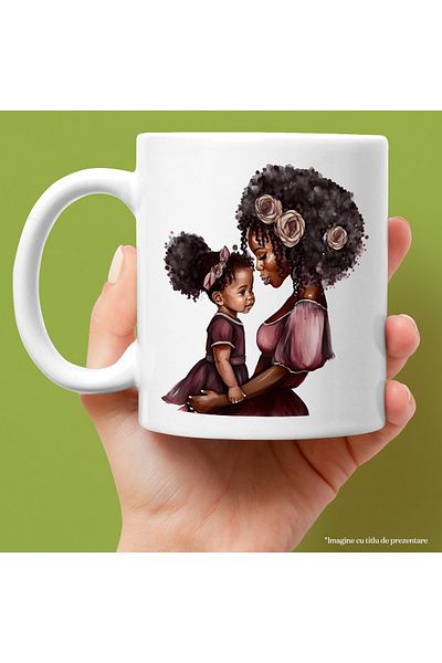 StoryGift Romania Cana cu o mama de culoare care isi tine in brate fetita | ilustratie | floricele, Cu Maner Alb