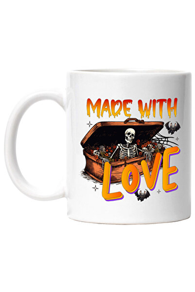 StoryGift Romania Cana cu un schelete in sicriu cu mesajul "Made with love", ilustratie, Halloween, Cu Maner Alb