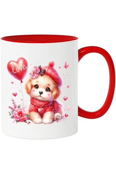 StoryGift Romania Cana cu o catelusa cu mesajul "Love" scris pe un balon in forma de inima, floare, Cu Maner Rosu