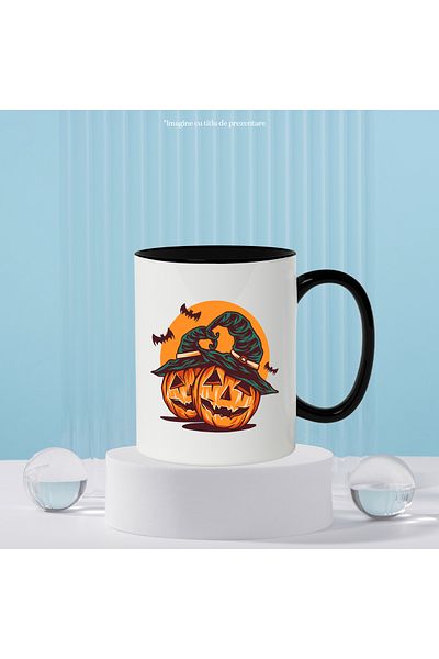 StoryGift Romania Halloween Mug: Pumpkins, Hat, Witch, Sun, Bats, Multicolor 330 , With ,STG .