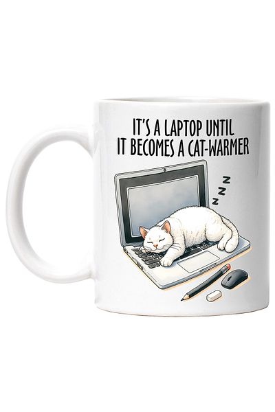 StoryGift Romania Cana cu o pisica alba care doarme pe un laptop cu mesajul "It's a laptop until i, Cu Maner Alb