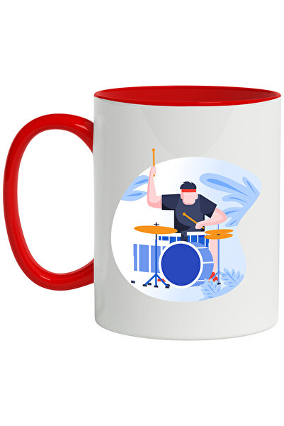 StoryGift Romania Cana Cu Tobosar, Tobe, Bete, Muzica, Multicolor 330 ml, Ceramica cu Maner Rosu, Cu Maner Rosu