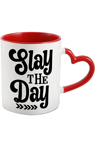 StoryGift Romania Cana cu textul "Slay the day" - uc*de ziua obiective cu Maner Inima Rosie, Cu Maner Inima Rosie