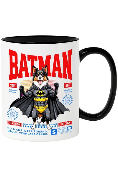 StoryGift Romania Cana cu Ciobănesc Australian / Australian ShepherdCaine In Costum de BatMan cu P, Cu Maner Negru