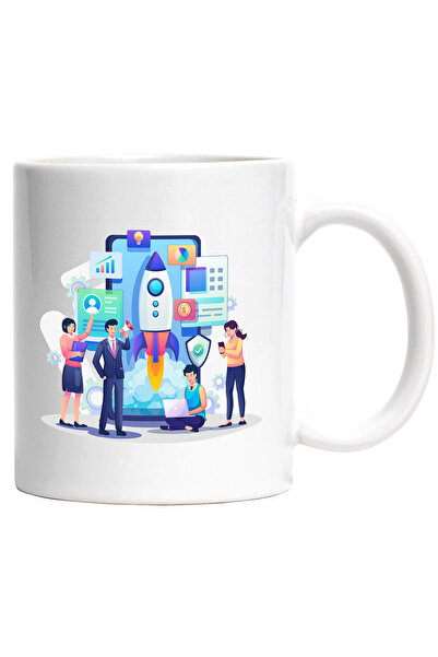 StoryGift Romania Cana Cu Racheta, Portavoce, Telefon, Laptop, Multicolor 330 ml, Ceramica cu Mane, Cu Maner Alb