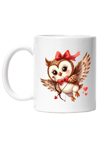 StoryGift Romania Cana cu o bufnita Cupidon | trage cu arcul | ilustratie | funda | inimioare | in, Cu Maner Alb