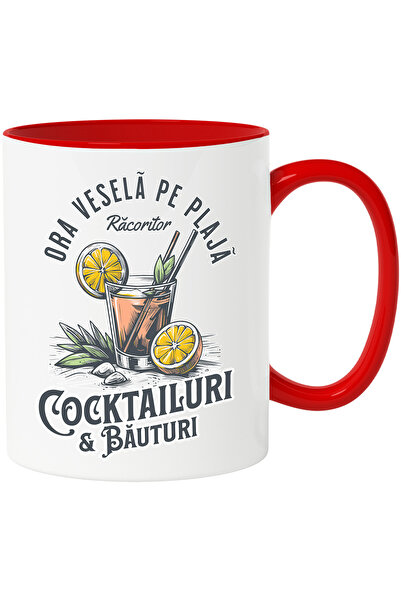 StoryGift Romania Cana Ora vesela pe plaja cocktail si bauturi petrecere, 330ml, Ceramic cu Maner , Cu Maner Rosu