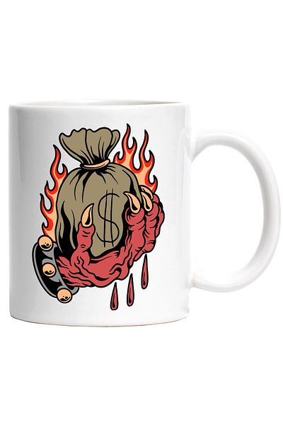 StoryGift Romania Mug With Hand, Demon, Flames, Bag, Money, Dollars, Bracelet, Drops, Claws, Mu, With White Handle