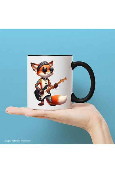 StoryGift Romania Cana cu un vulpoi care canta la chitara | tatuat | rocker | metal | instrument m, Cu Maner Negru