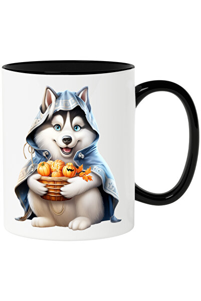 StoryGift Romania Cana cu un caine Husky care tine un cos cu dovleci | ilustr...