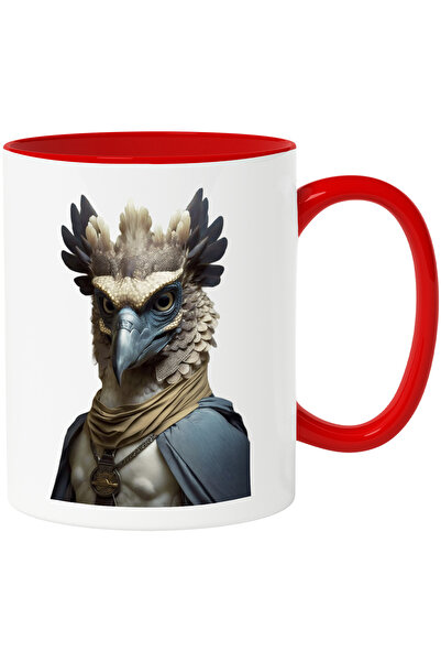 StoryGift Romania Cana cu Portret Pasare din Fata, Pasare cu Colier si Pelerina, Pasare la Custom,, Cu Maner Rosu