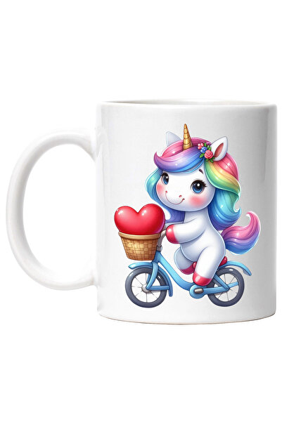 StoryGift Romania Cana cu un unicorn care se plimba cu bicicleta. ilustratie. cos cu inimioara, fl, Cu Maner Alb