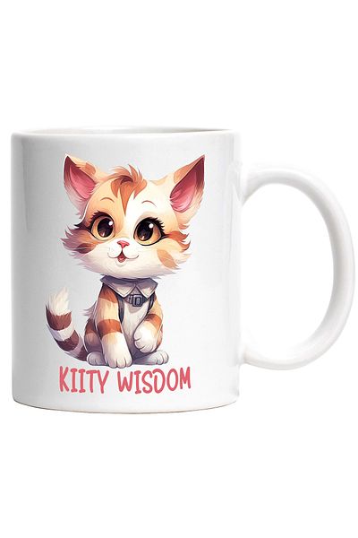 StoryGift Romania Cana cu pisicuta vesela cu mesajul "Kitty wisdom", ilustratie, intelepciune, int, Cu Maner Alb