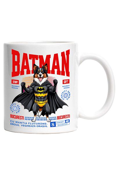 StoryGift Romania Cana cu Ciobănesc Australian / Australian ShepherdCaine In Costum de BatMan cu P, Cu Maner Alb