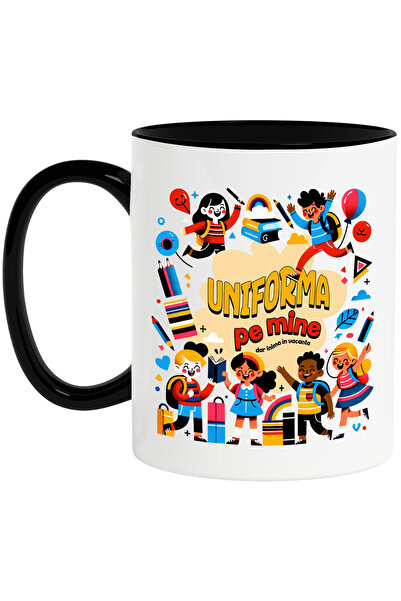 StoryGift Romania Cana uniforma pe mine dar inima in vacanta, copii scoala, 330ml, Ceramica cu Man, Cu Maner Negru