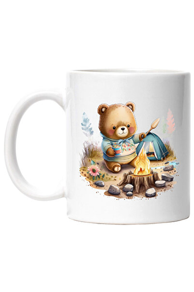 StoryGift Romania Cana cu un ursulet care gateste | ilustratie | foc | pietre | cort | padure | co, Cu Maner Alb