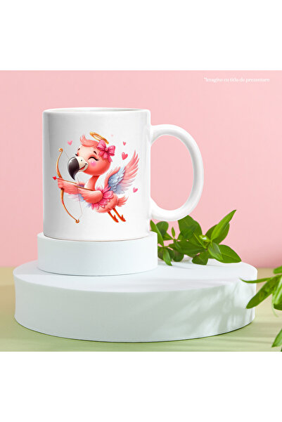 StoryGift Romania Cana cu o pasare Flamingo care trage cu arcul | ilustratie | Flamingo | inimioar, Cu Maner Alb
