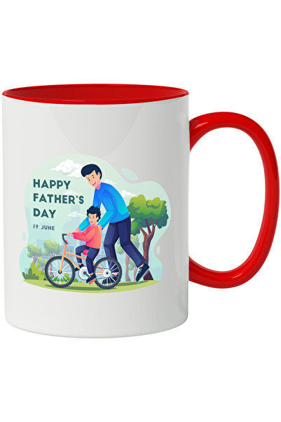 StoryGift Romania Cana Cu Mesaj In Engleza Happy Father's Day, Tata, Fiu, Bicicleta, Natura, Multi, Cu Maner Rosu