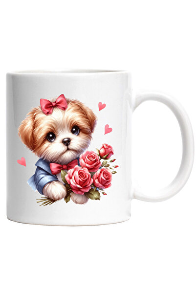 StoryGift Romania Cana cu un catel care tine un buchet cu trandafiri pe care ...