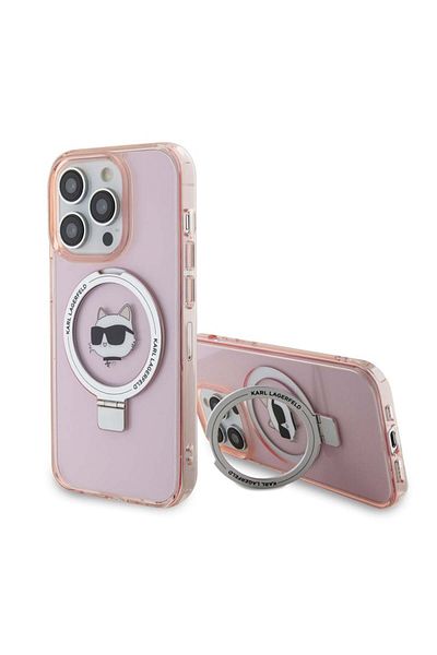 Karl Lagerfeld Husă pentru iPhone 15 Pro, Husă rigidă cu inel și suport MagSafe, Karl Lagerfeld - Roz