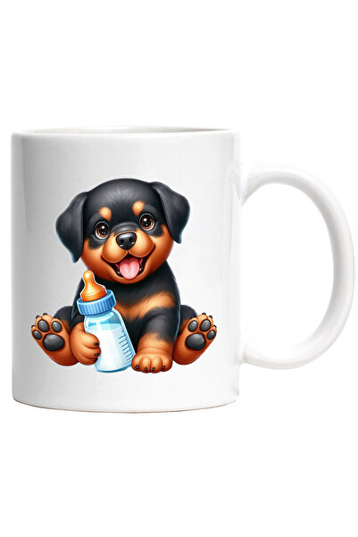 StoryGift Romania Cana cu un catelus Rottweiler care tine un biberon cu lapte...