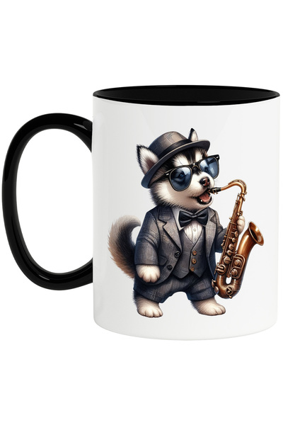 StoryGift Romania Cana cu un catel Husky care canta la saxofon | ilustratie |...