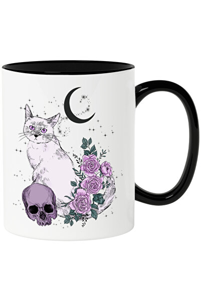 StoryGift Romania Cana cu pisica macabra, ilustratie, semiluna, craniu, trand...