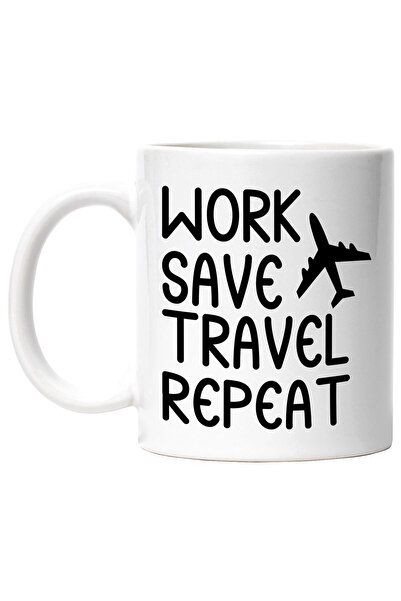 StoryGift Romania Cana cu un avion si textul in engleza "Work, save, travel, ...