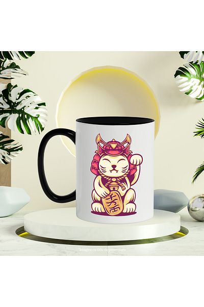 StoryGift Romania Mug With Cat, Bell, Tablet, Helmet, Samurai, Asian, Multicolor 330 ml, Sky, With