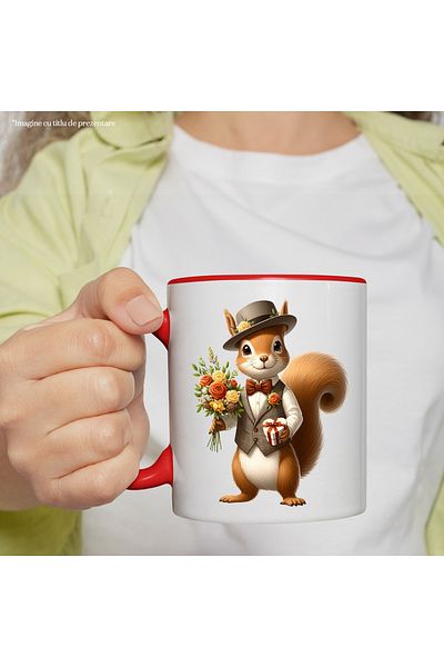 StoryGift Romania Mug with a cheerful squirrel holding a bouquet of flowers and a gift | illustration, With