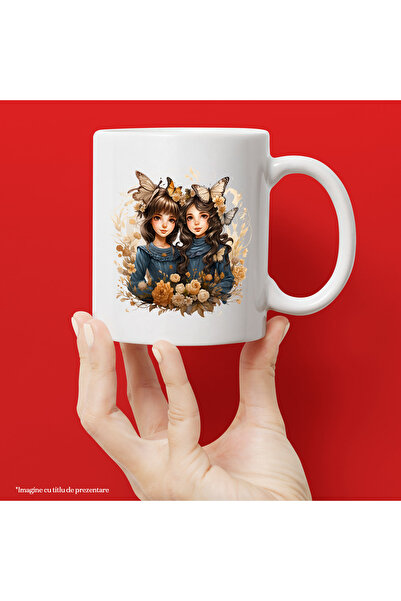 StoryGift Romania Cana cu 2 fete dragute, ilustratie, natura, fluturi, floric...