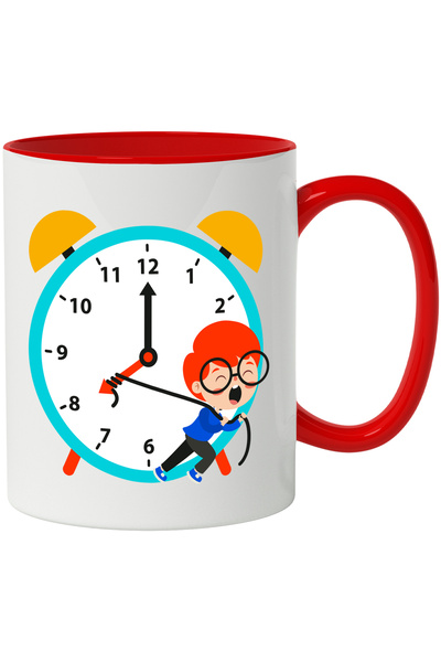 StoryGift Romania Cana Cu Ceas, Timp, Sfoara, Baiat, Ochelari, Timp, Multicolor 330 ml, Ceramica c, Cu Maner Rosu
