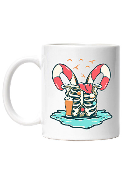 StoryGift Romania Cana Cu Schelet, Pahar, Craciun, Sarbatori, Bomboane, Multicolor 330 ml, Ceramic, Cu Maner Alb