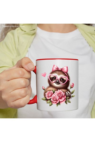StoryGift Romania Mug with a sloth/lazy person with glasses | hearts | roses | plants | flowers | nature, With ,STG.