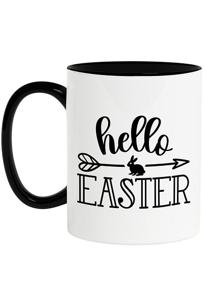 StoryGift Romania Cana cu iepuras si cu textul "Hello, Easter" - Paste sarbatoare cu Maner Negru, Cu Maner Negru